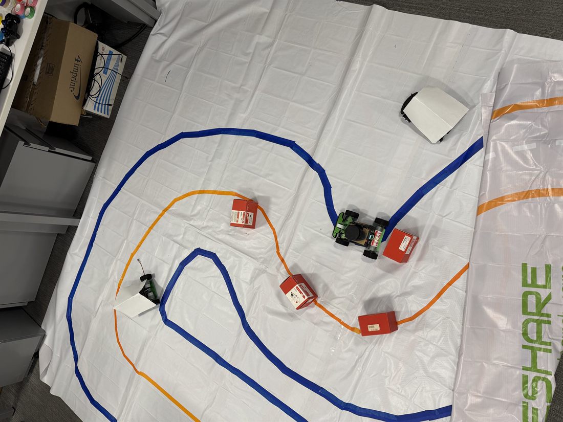Real taped track with Jetson-based smart cars and obstacle boxes